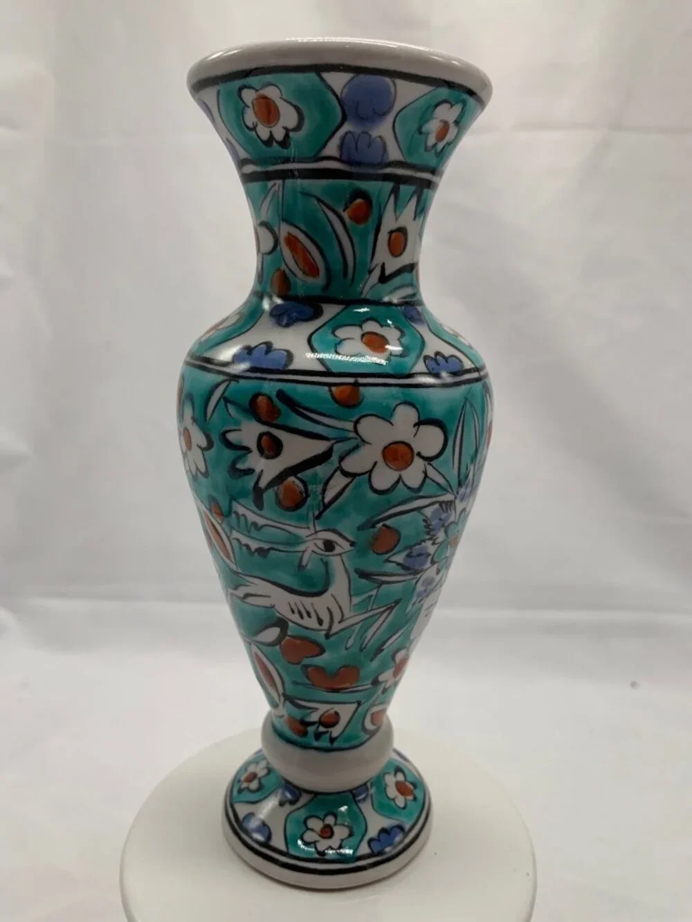 Handmade Greek Icaros Pottery Vase With Floral & Bird Motif Turquoise & White